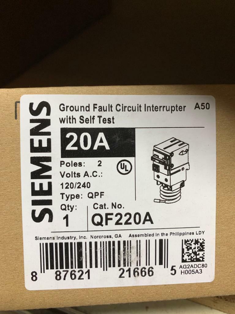 Siemens QF220A 2 pole 20 Amp 120V Ground Fault Circuit Interrupter NEW