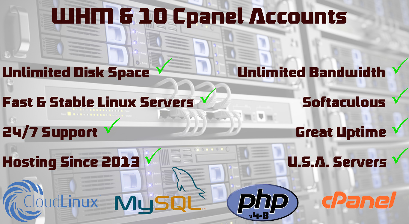 cPanel/WHM Reseller 10 cPanel Accounts- Unlimited Disk Space, Data, SSL, Scripts