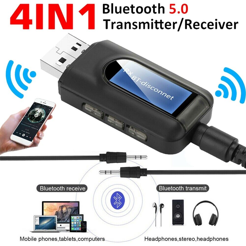 Bluetooth 5.0 Transmitter Receiver 4 IN 1 Wireless Audio 3.5mm USB Aux Adapter
