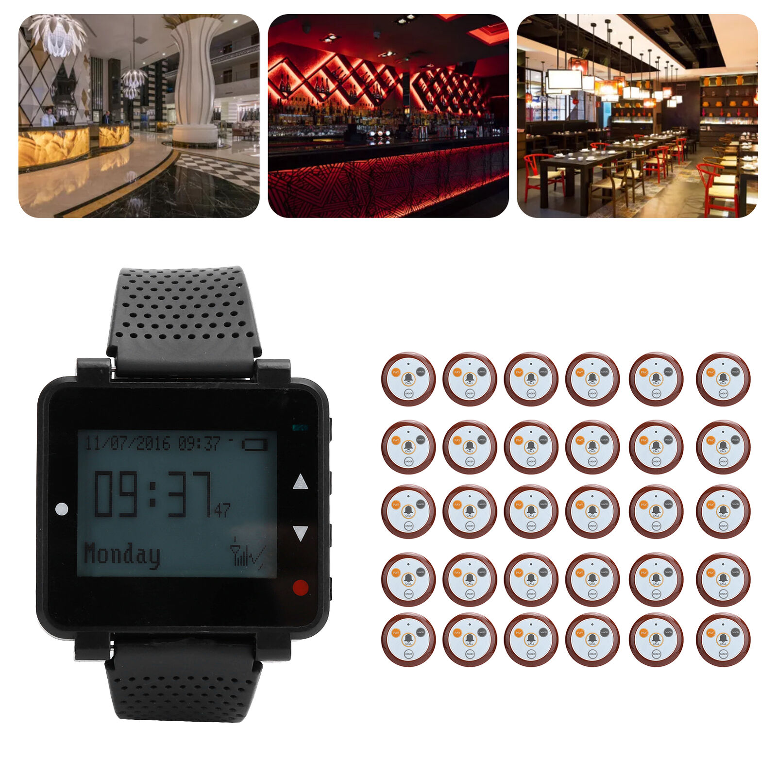 Restaurant Wireless Paging Calling System Watch Receiver Coaster 30Pcs Pagers