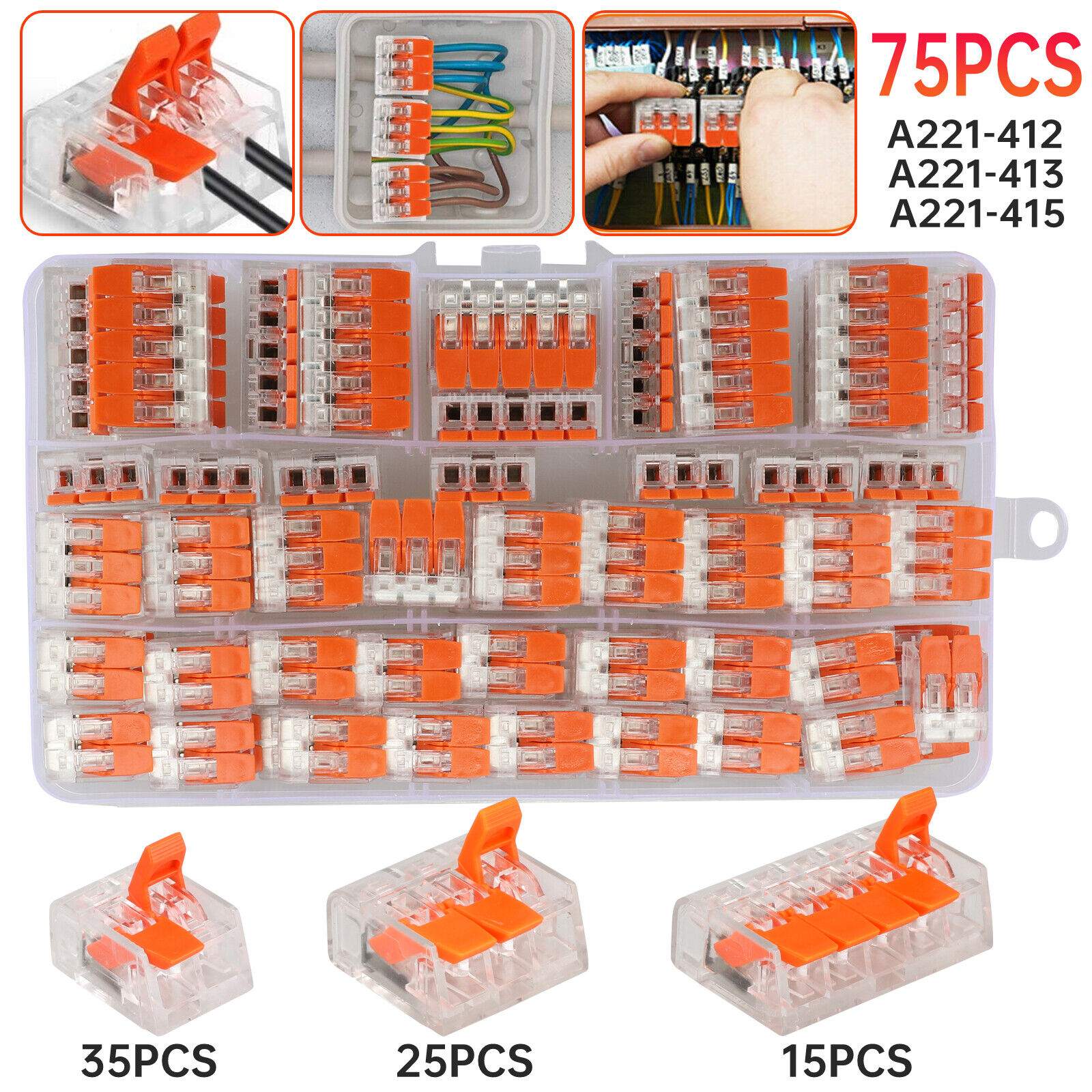 75Pcs 221-412 Lever Nut Compact Splicing Wire Connectors - 2/3/5 Conductor Set