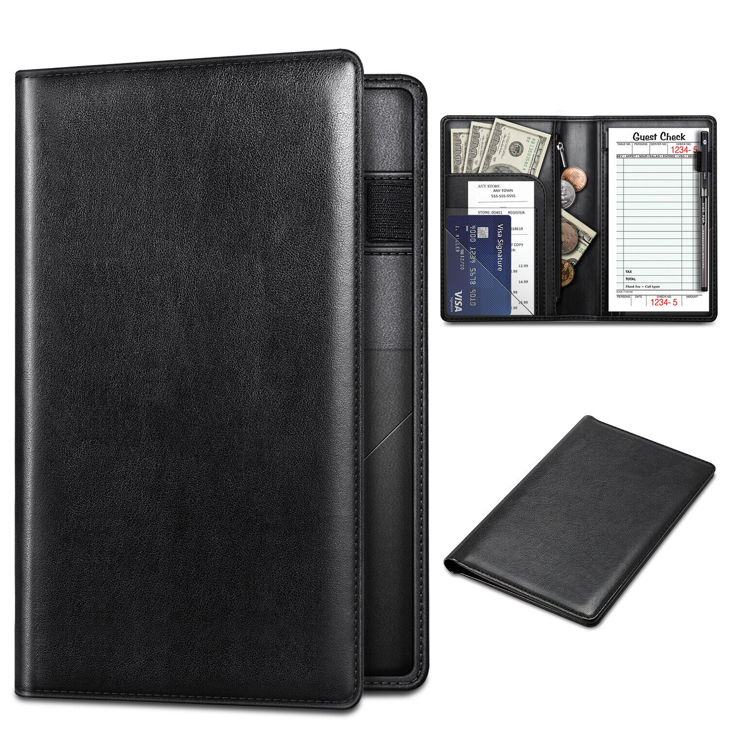 Server Book Organizer Zipper Pocket for Waitress Waiter Bartender Card Holder