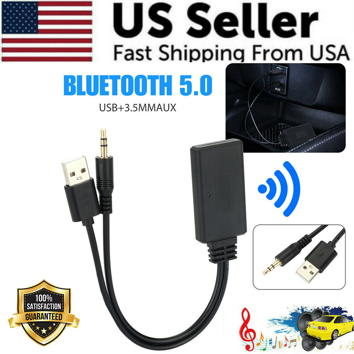 Bluetooth 5.0 Receiver Adapter USB + 3.5mm Jack Stereo Audio For Car AUX Speaker