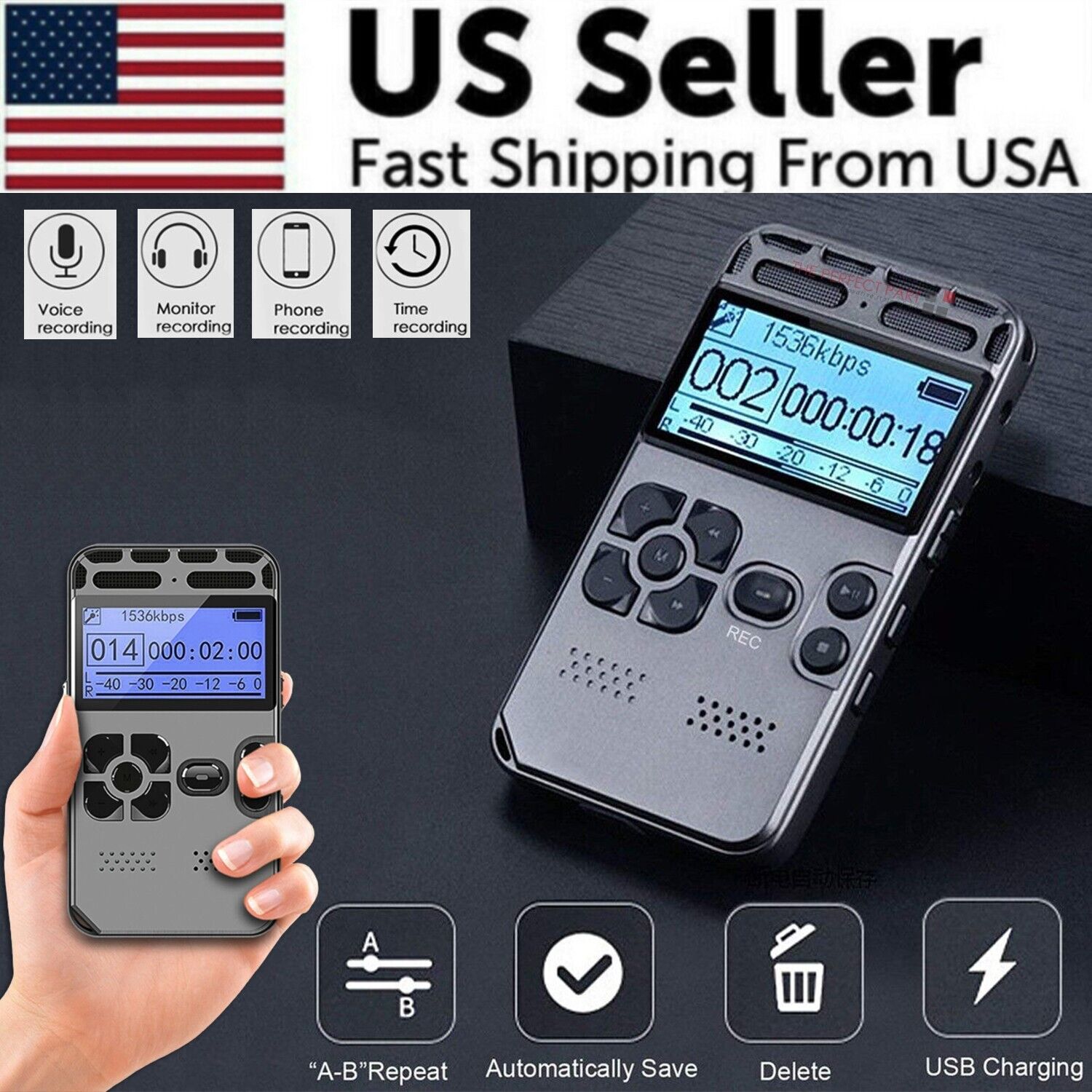 64GB Rechargeable LCD Digital Audio Sound Voice Recorder Dictaphone MP3 Player