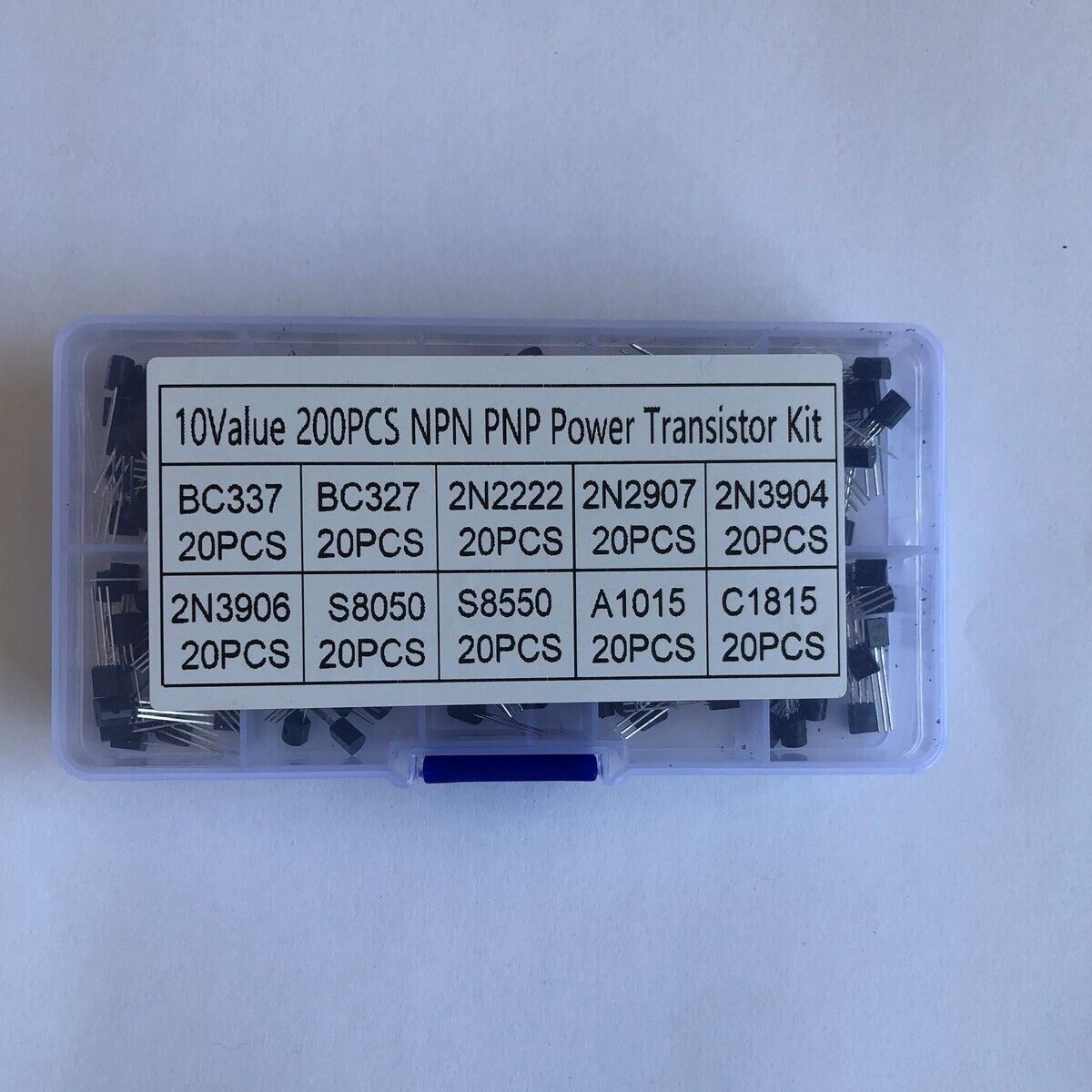 200pcs NPN PNP Transistor Assortment Kit Box BC337 BC327 2N2222 2N2907 2N3904