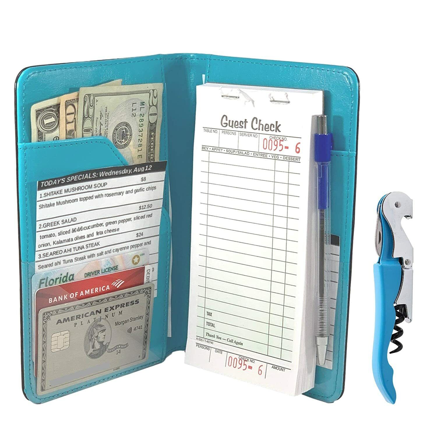 Server Book Waitress Wallet Organizer – TURQUOISE 7 Pocket Bundle w/ WINE OPENER