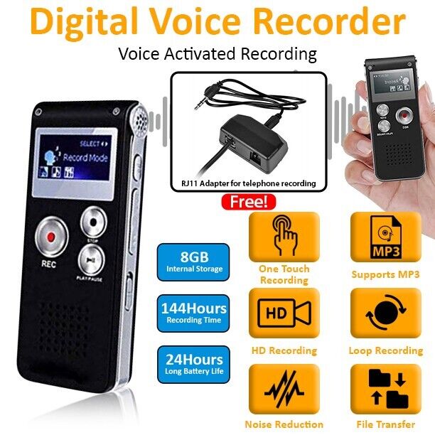 8GB Rechargeable LCD Digital Audio Sound Voice Recorder Dictaphone MP3 Player